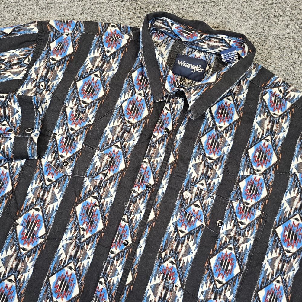 Wrangler Mens XL Aztec Geometric Western Snap Long Sleeve Shirt Black Blue